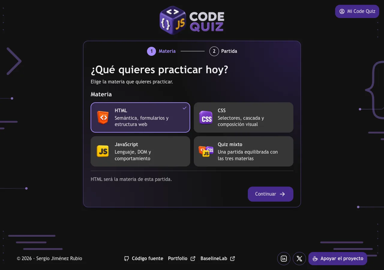 Pantalla de Code Quiz con las materias HTML, CSS, JavaScript y quiz mixto.