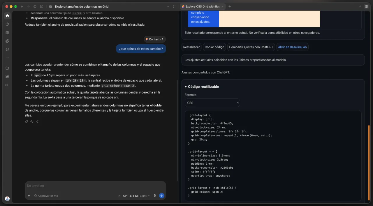 ChatGPT explica los cambios en separación y columnas que ocupa una tarjeta; el lab indica que los ajustes están compartidos.