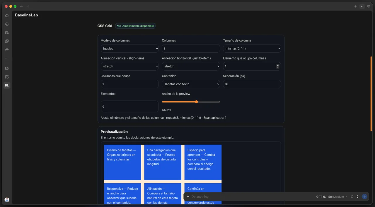 Controles de CSS Grid para columnas, alineación, separación y ancho de la previsualización, junto al resultado.