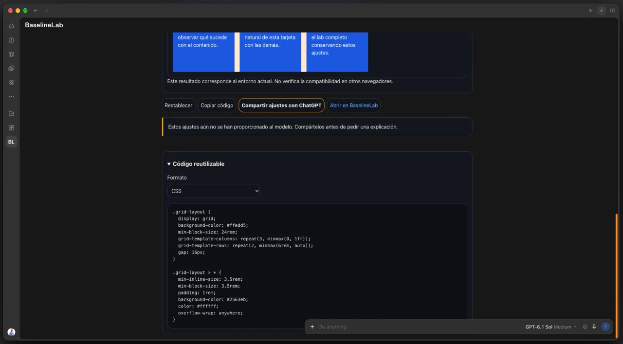 Panel de CSS generado y acciones para copiar código, compartir ajustes y abrir el ejemplo en BaselineLab.